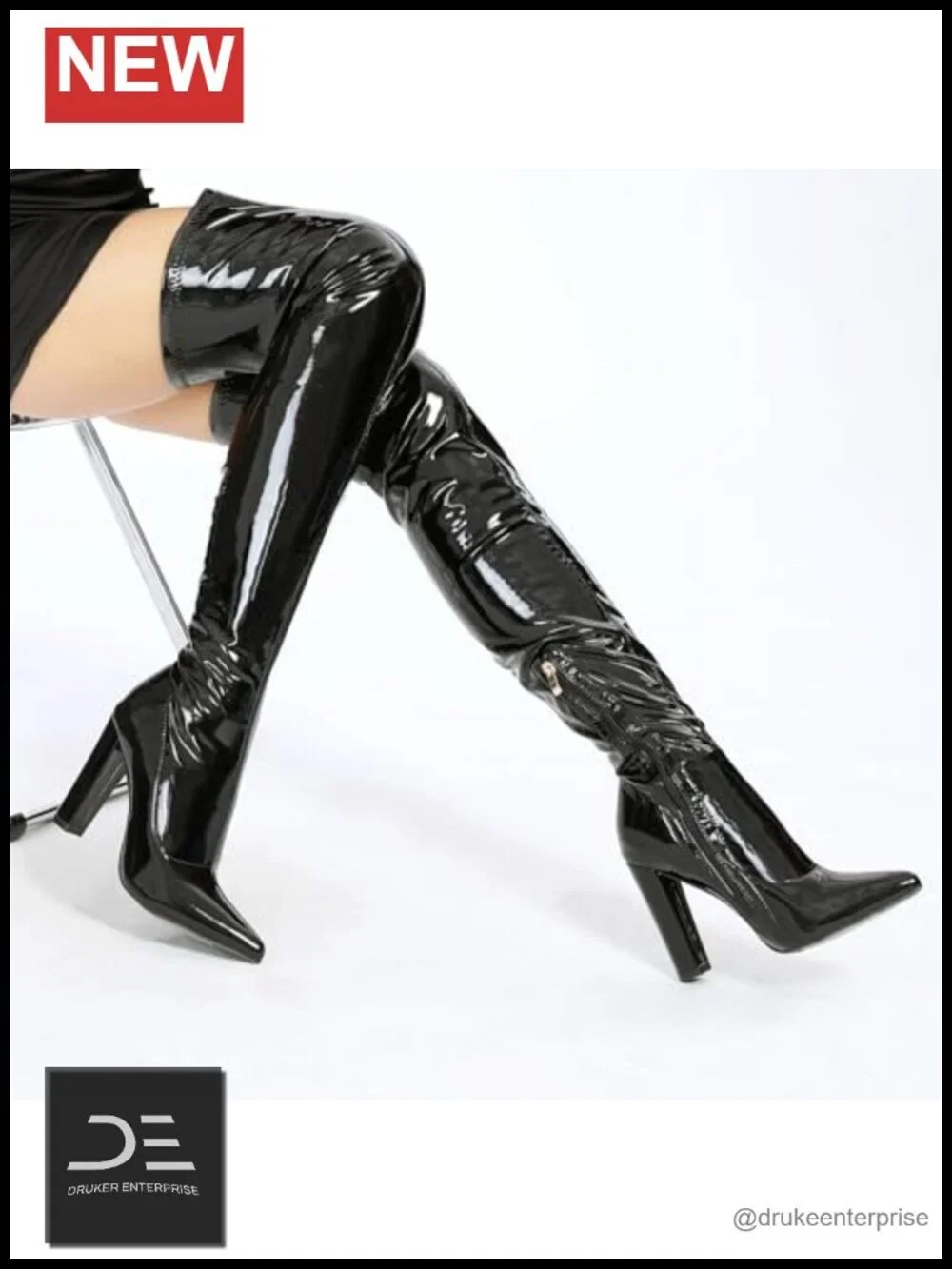 Womens Pointed Toe Chunky Heel Over Knee Thigh High Boots Patent Leather PU